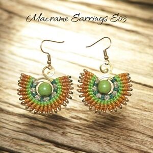 Handcrafted Macrame Earrings with Green Accents